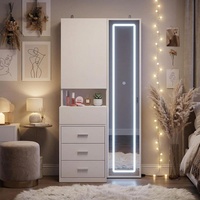 Coiffeuse de maquillage moderne en MDF blanc avec miroir pleine longueur coulissant, étagères dissimulées, tiroirs et éclairage LED pour hôtel