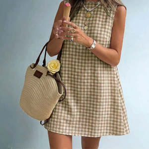 Vestido Mini sin Mangas a Cuadros para Mujer, Cuello Redondo, Corte en A, Casual, Verano, 100% Algodón, Transpirable, con Dobladillo Acampanado, para Uso Diario - Product Image 3