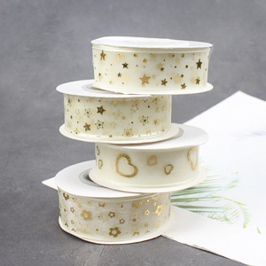 Chiffon Ribbon Spool Gold Foil Star Heart Print Valentine's Day Gift Decorations - Product Image 2