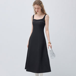 Robe nuisette VEGA CHANG personnalisée style français à col carré avec surpiqûres contrastées, nouvelle conception cintrée à la taille pour femme - Product Image 1