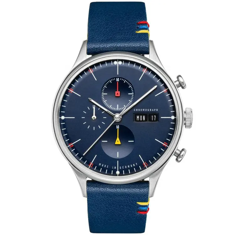 Мужские наручные часы с хронографом, темно-синие, 18 мм, с ремешком из натуральной итальянской кожи