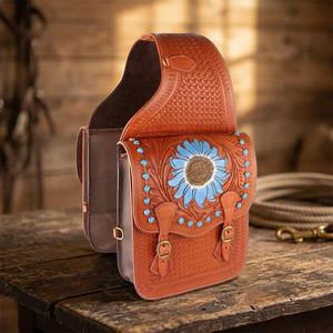 Handtooled Custom Logo Genuine <b>Leather</b> Saddle Bag Handcarved Western Equestrian Horse Motorcycle Fit Stainless Steel Fittings - Product Image 2