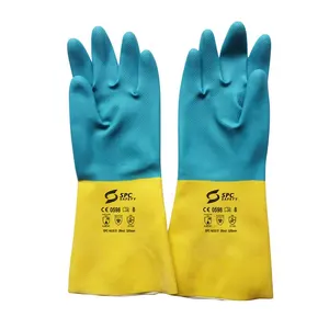 Flocklined Chemistry labs Safety work industrial acid alcali oil resistance giallo blu guanti protettivi chimici in Neoprene
