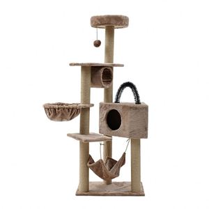 Arbre à chat moderne et haut de gamme en rotin et bois, toutes saisons, avec poteaux à gratter, condos et perchoir supérieur - Product Image 3