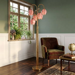 Easy Assembly Pink Tulip <b>Floor</b> <b>Lamp</b> with Real Glass <b>Shades</b> and Gold E26 Sockets - Product Image 5