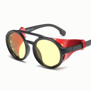 Gafas de Sol Redondas Vintage de Metal con Logotipo Personalizado al por Mayor 2021, Gafas de Sol Steampunk con Protección Lateral de Cuero y UV400 para Hombre - Product Image 4