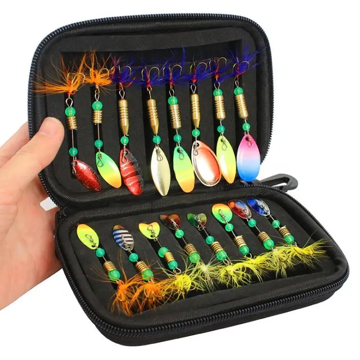 16 Buah Umpan Pancing Berputar, Set Sendok Umpan dengan Tas Tackle Bass Salmon Pike Walleye Memancing