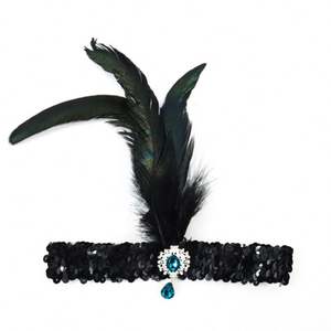 Gros <span class=keywords><strong>clapet</strong></span> tête pièce plume Sequin années 1920 bandeau casque plume casque baccalauréat poule fête bijoux noir bandeau - Product Image 1