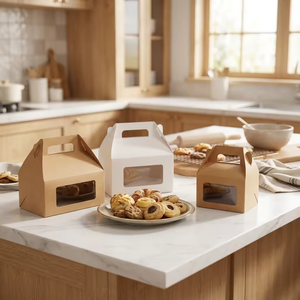 Boîtes alimentaires pliables recyclables en papier kraft avec poignée, contenants jetables pour friandises, boîtes de boulangerie avec fenêtre - Product Image 2