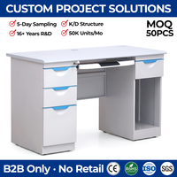 Bureau de travail en métal à 3 tiroirs avec poignées bleues, plateau pour clavier et support pour unité centrale, table de travail en acier gris pour employés