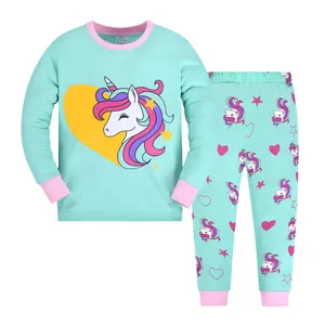 Girls light blue unicorn pajamas set new girl home wear clothing children's o-neck girls cotton pajama set factory price