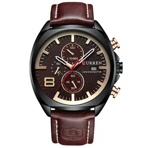 经典设计时尚男士手表CURREN 8324 24毫米石英机芯手表日期日历皮革表带3眼6手手表