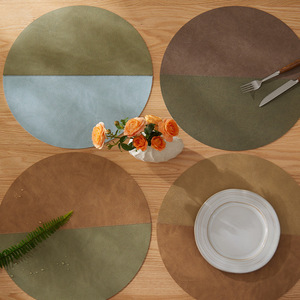 Two Tone Stitched Pvc Leather Placemat Round Heat Insulating Western Style Dining Mat Oil Proof Bowl Cup <b>Coaster</b> - Product Image 1