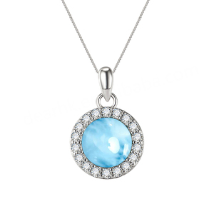 Collar de Plata de Ley 925 al por Mayor con Colgante Redondo de Larimar Azul Natural con Circonitas Blancas - Product Image 1