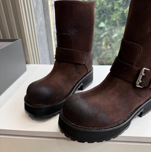 Women Vintage Washed Suede Mid Calf Biker <b>Boots</b> Metal Buckle Decor Chunky Platform Motorcycle <b>Boots</b> Street Fashion Shoes - Product Image 3