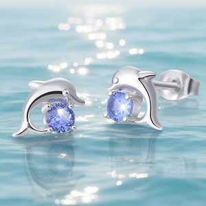 Orecchini a perno con delfino E1941, diamante blu, argento 925, montatura a griffe, grazioso design animale, gioielli in cristallo da donna per tutti i giorni - Product Image 2