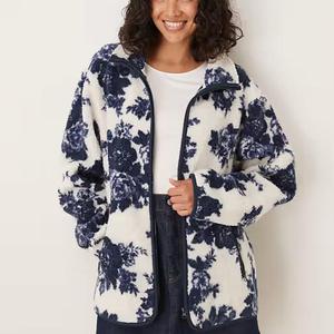 <span class=keywords><strong>Felpa</strong></span> con logo personalizzato di fabbrica in tessuto in pile alla moda da donna a manica lunga con colletto spalmato stampato floreale con polsini elastici - Product Image 1