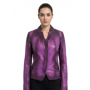 เสื้อแจ็คเก็ตมอเตอร์ไซค์หนังแกะแท้สีม่วงฟอกกรดสำหรับผู้หญิง แบรนด์ Wholesale Gravs รุ่นกันลม ทรงเข้ารูป เป็นมิตรกับสิ่งแวดล้อม ไซส์ XS - Product Image 1