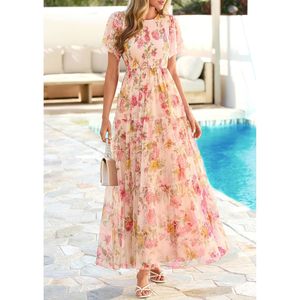 Robe longue florale en tulle FOXA pour femme, col rond, manches courtes, coupe trapèze, taille empire, idéale pour mariage, invitées, plage, soirée romantique d'été - Product Image 3