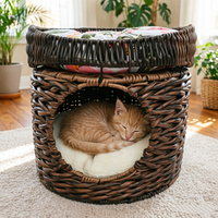 Lit pour chat en rotin PE tressé à la main, Nid pour animaux de compagnie artisanal en osier, Robuste, Facile à nettoyer, Respirant, Écologique, Mignon, Confortable, Pour intérieur, Motif feuille