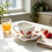 Tasse à café et soucoupe en céramique en forme de fraise façonnée à la main, 200 ml, forme ondulée irrégulière, pour la maison et le café