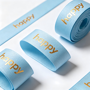 Light Blue Grosgrain <b>Ribbon</b> 1-1/2 Inch Gold Foil Printed Happy Text Single Face Gift Packaging Decorative Trim - Product Image 3