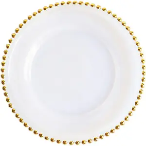 бисером зарядное устройство плиты золото Suppliers-Лидер продаж, прозрачные круглые стеклянные тарелки ручной работы с золотым ободком и бусинами для зарядки, для вечеринки, свадьбы