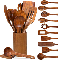 Ensemble d'ustensiles de cuisine en bois de teck naturel antiadhésif durable de 12 pièces, cuillère, outil de cuisine, ustensiles de cuisine en bois faits à la main avec support