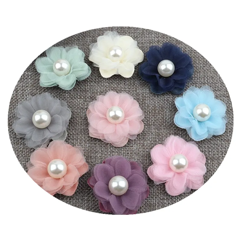 9 Colors Cute Chic Chiffon Flowers With Rhinestone Pearl Fabric Hair Flower With Clips For Girls Hair Accessories