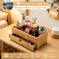 Organisateur de maquillage de luxe en bambou avec tiroir, boîte à cosmétiques bio avec séparateurs amovibles pour soins de la peau, rouge à lèvres, coffret cadeau