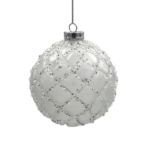 Factory Wholesale Hand Made White Frosted Glitter Beaded Christmas Tree Glass Ball Ornaments For Home Wedding Party Decoration