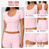 Ensemble de yoga personnalisé pour femme avec logo – Débardeur brossé à manches courtes dos nageur et soutien-gorge de sport croisé, short taille haute – Vente en gros OEM ODM