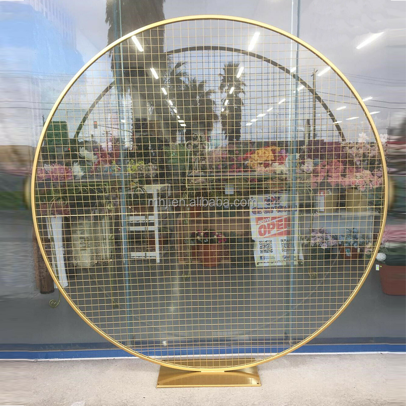 wedding party flower decorate gold round mesh arch backdrop