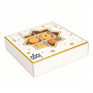 White Fancy Paper Cardboard <b>Empty</b> Window Mix Sweet Candy Biscuits Packaging <b>Gift</b> <b>Box</b> with Gold / Silver Star Design & Insert - Product Image 1
