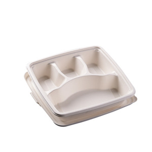 Sugarcane Pulp <b>Lunch</b> <b>Box</b> 9 Inch 4 Compartment Biodegradable <b>Microwave</b> Safe Disposable Food Container - Product Image 3