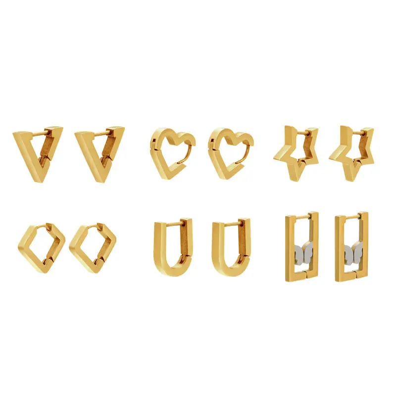 ODM nouveau design de bijoux en acier inoxydable plaqué PVD à géométrie en or 18 carats boucles d'oreilles cœur brillant pour femmes avec breloque pour femmes