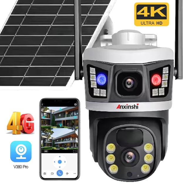 4G Solar Panel Camera V380PRO 4K HD Dual Lens Outdoor Solar Camera IP66 Waterproof PTZ P2P Solar Security Camera