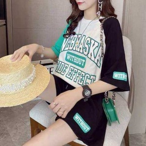 Women Summer Casual Two Piece Set Loose Plus Size T Shirt Shorts Alphanumeric Script Print Polyester Sporty Outfit - Product Image 1