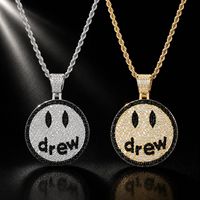 Collier pendentif Drew Smiley Face en cuivre incrusté de zircon, collier en cristal scintillant, bijoux de mode streetwear hip hop