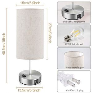 Touch Control <b>Table</b> <b>Lamps</b> with 2 USB Charging Ports&AC Outlet Bedside Nightstand <b>Lamps</b> with White Fabric Lampshade - Product Image 4
