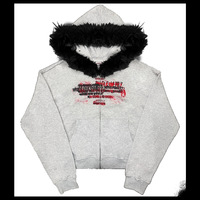 Sweat à capuche zippé avec bordure en fourrure, imprimé slogan grunge, veste courte à capuche, style Y2K gothique, streetwear pour hommes, surdimensionné, graphique personnalisé, 100% coton