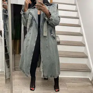 Thời Trang Phố khiêm tốn Chất Lượng Cao Phụ Nữ Thanh Lịch Quần Jean Áo Gió Áo Khoác Belted Denim Dài Áo Khoác Phụ Nữ