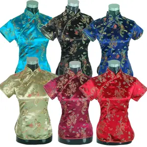 Oriental Style Ladies Traditional Shirt Summer New Flower Rayon Chinese Blouse Red Tops Tang Clothes