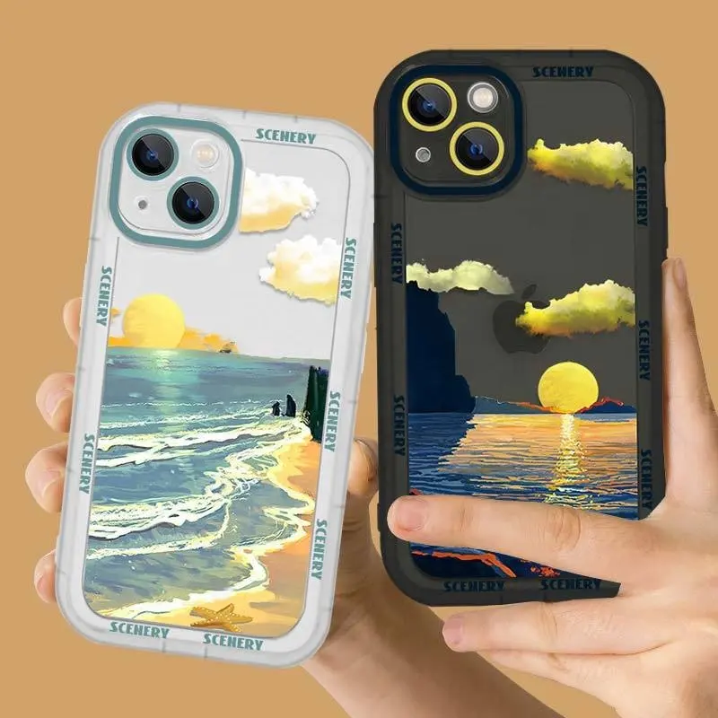 Senlancase Ins Hot Oil Painting Sea Sunset Phone Case For iPhone 13 Pro Max Custom Air Press Shockprooof TPU Cases