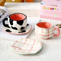 Set Cangkir dan Piring Kopi Keramik Lukis Tangan untuk Rumah, Kafe, Restoran, Hadiah Teh Sore, Siap Grosir Paket Besar