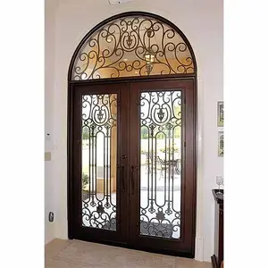 Современная двойная входная дверь, внешняя двойная конструкция, кованые железные двери, арочные французские двери