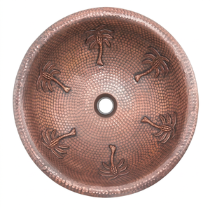 Évier en cuivre fait main, rond, à cuve unique, design palmier tropical, finition mate, installation sur plan. - Product Image 1