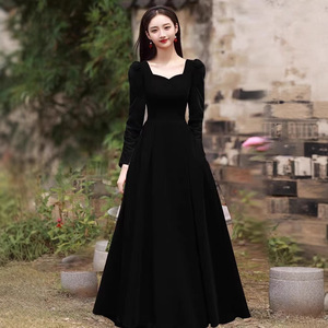 Black Velvet Evening Gown Square Collar A-Line Long Dress For Banquet Art Exam Toasting Parties - Product Image 2