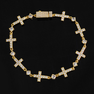 Luxury Gold Plated 5MM Iced Out <b>Chain</b> Bracelet Elastic Clasp Small <b>Cross</b> Design Bling Zircon Stones Fine Jewelry - Product Image 1