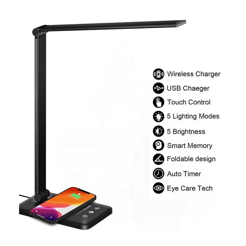 Lámpara LED de escritorio con cargador inalámbrico, producto nuevo, Control táctil, diseño plegable, 5 niveles de atenuación